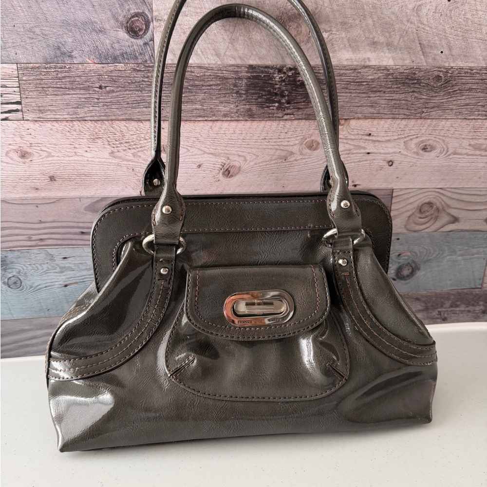 Franco Sarto Women’s Patent Faux Leather Satchel Handbag | Gunmetal Gray